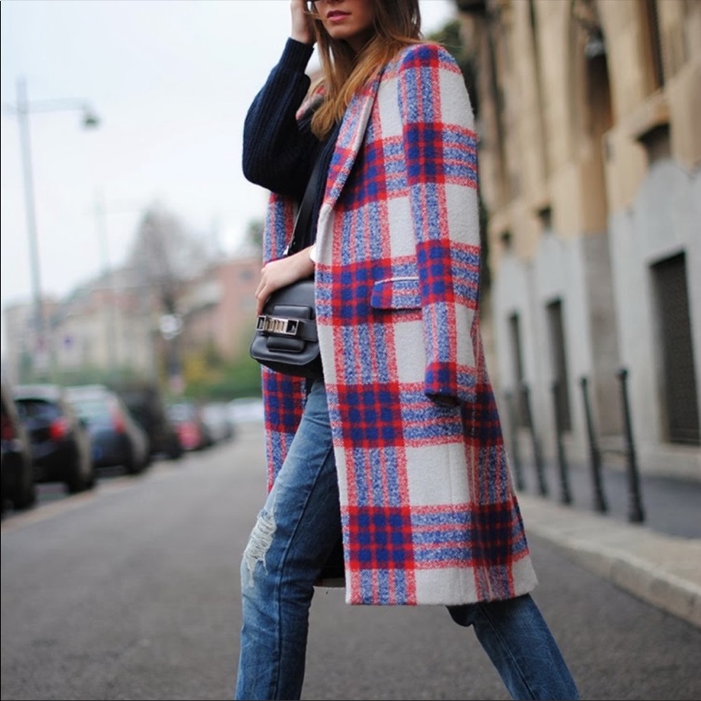 Zara Tarten Checkered Plaid Long Wool Jacket Coat